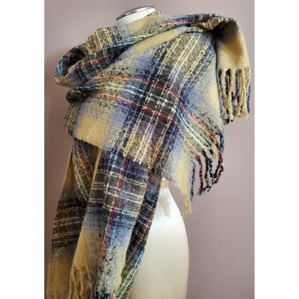Free Press Shawl Wrap Scarf Gold Gray Multicolor Plaid Reversible Fringe 26"x70"